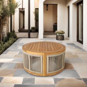 Direct Wicker Round Acacia Wood Outdoor Table, All-Weather Rope Woven Design for Patio, Backyard, or Balcony