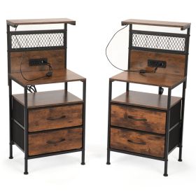Set of 2 Nightstand with Fabric Drawers, Bedside Table with Charging Station and LED Lights, End Table with USB Ports & Outlets for Bedroom