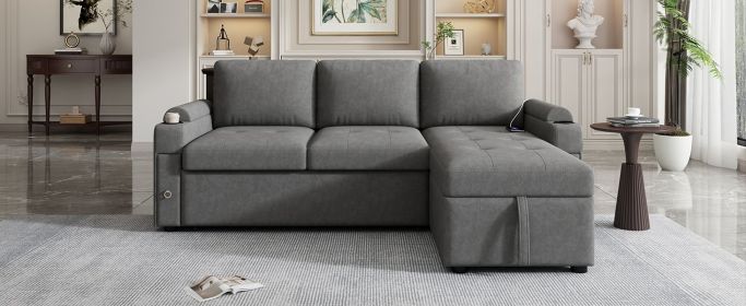 83.5" L-shaped Sofa Couch Convertible Sofa Bed Sectional Sofa with Ample Storage Space, Two Cup Holders and Two USB Ports for Living Room, Gray