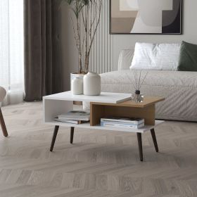 White and Natural Oak Coffee Table with Open Storage and Conical Legs