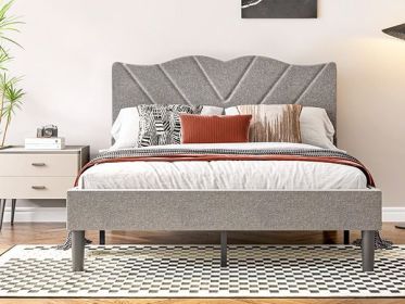 Full Size Modern Platform Bed Frame with Upholstered Headboard & Wooden Slats - No Box Spring Needed, Easy Assembly, Grey