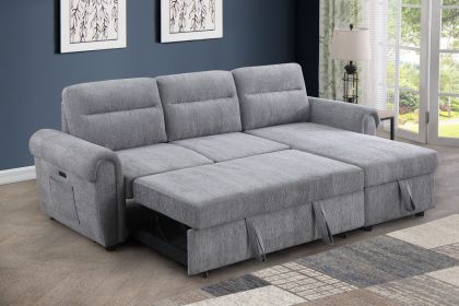 Hugo 97"W Light Gray Chenille Reversible Sleeper Sectional Sofa Chaise with USB Chargers, Phone/Magazine Pockets