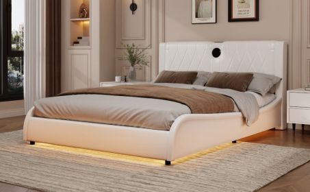 Queen Size Luxurious Faux Leather Upholstered Platform Bed with Thickened Headboard, Bluetooth Speakers and RGB LED Light, No Box Spring Needed, White