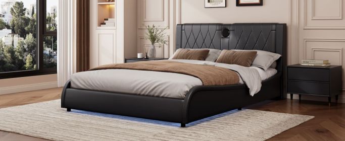 Queen Size Luxurious Faux Leather Upholstered Platform Bed with Thickened Headboard, Bluetooth Speakers and RGB LED Light, No Box Spring Needed, Black