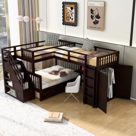 Twin-Twin over Full L-Shaped Bunk Bed With 3 Drawers, Portable Desk and Wardrobe, Espresso(OLD SKU:LT000542AAP)