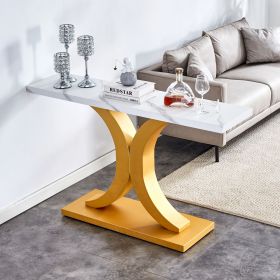 A modern minimalist style foyer table with white tabletop, gold bracket, and bottom plate, enhancing the beauty and artistic atmosphere of the home