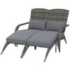 Outsunny Wicker Adirondack Chair for 2 with Cushions & Footrests, PE Rattan Double Chaise Lounge Chair, Fire Pit Chair for Porch with High-back