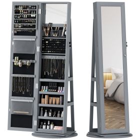 HOMCOM 360° Swivel Jewelry Armoire, Lockable Jewelry Cabinet with Full-Length Mirror, Storage Shelves, Gray