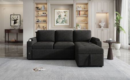 83.5" L-shaped Sofa Couch Convertible Sofa Bed Sectional Sofa with Ample Storage Space, Two Cup Holders and Two USB Ports for Living Room, Black