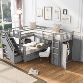 Twin-Twin over Full L-Shaped Bunk Bed With 3 Drawers, Portable Desk and Wardrobe, Gray(OLD SKU:LT000542AAE)