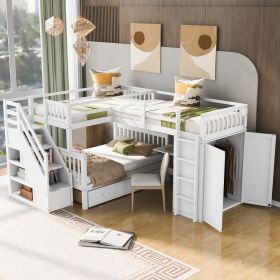 Twin-Twin over Full L-Shaped Bunk Bed With 3 Drawers, Portable Desk and Wardrobe, White(OLD SKU:LT000542AAK)