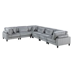 6pc Modular Sectional Set Gray Corduroy Upholstery 3x Armless Chairs 3x Corner Seats Soft Pillows Living Room Furniture