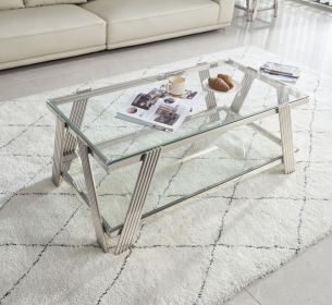 47" Wide Rectangle Modern Stainless Steel Coffee Table, Double-Layer Clear Tempered Glass Coffee Table, Center Table with Storage