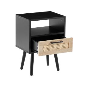 15.75" Rattan End table with drawer and solid wood legs, Modern nightstand, side table for living room, bedroom,black