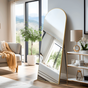 Wooden right angled arched golden full-length mirror with stand 71 * 31 * 1 inch Bathroom Vanity Mirror for Bedroom Entryway, Living/Dressing Room