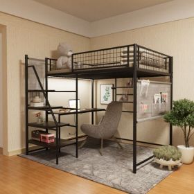Full size loft metal bed with black for bedroom and dormitory, with built-in charging station and LED lighting