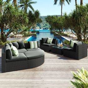 GO 7-piece Outdoor Wicker Sofa Set, Rattan Sofa Lounger, With Striped Green Pillows, Conversation Sofa, For Patio, Garden, Deck, Black Wicker