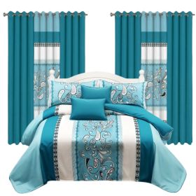 9 Piece Room In A Bag Quilt And Curtain Set, US Designer Turquoise Aqua Blue Paisley Scroll Print Heavyweight Bedspread With 6 Customizable Windo (Option: Cal King)