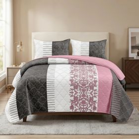 3-Piece Black White And Pink Floral Quilted Bedspread Set For California King (Option: California King)