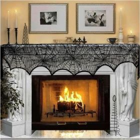 Black Lace Spiderweb Fireplace Mantle Scarf Cover 18 X 96 Spooky Halloween Cobweb Table Runner & Party Decor (Option: Black)