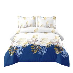 3 Piece Duvet Cover Set, US Designer Navy Blue And Gold Tropical Floral Botanical Print High GSM Heavyweight Comforter Cover With Zipper & Corner (Option: Cal King)
