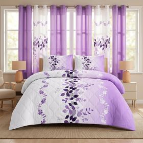 9-Piece Purple Floral Quilt and Curtain Set, Reversible Microfiber Bedspread with 2 Pillow Shams and 6 Window Curtains, Twin, Queen, King and Cal (Option: King)