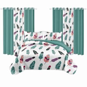 9 Piece Room In A Bag Quilt And Curtain Set, US Designer Boho Feather Print Heavyweight Bedspread With 6 Customizable Window Panels, Pet-Friendly (Option: Cal King)