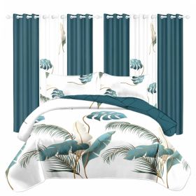 9 Piece Tropical Palm Leaf Quilt Set With 6 Independent Curtains, Heavyweight High-GSM Bedspread And Light Filtering Window Drapes Bundle, Teal B (Option: Cal King)