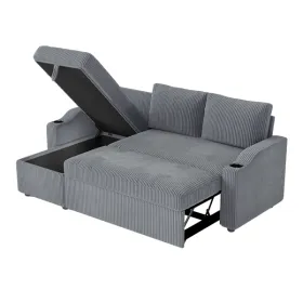 Convertible Corduroy L-shaped Sectional Sofa Bed With Storage & Cup Holder Armrest Modern Sleeper Sofa For Living Room (Option: defaulttitle)