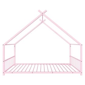 Pink Flat Bed House Shape with Side Guardrails Twin Children's Iron Bed (Option: default title)