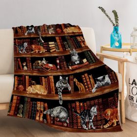 Vintage Kitten Flannel Blanket Cat In The Bookshelf Throw Blanket Librarian Book Lover Gifts Fleece Blankets For Bed Couch Sofa (Option: 150x200cm-Orange)
