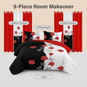 9-Piece Black and White Red Floral Quilt and Curtain Set, Reversible Microfiber Bedspread with 2 Pillow Shams and 6 Window Curtains, Queen, King (Option: Queen)