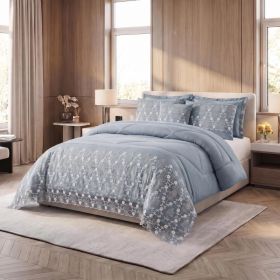 3-Piece Lace Embroidered Comforter Set with 2 Pillow Shams, Elegant Floral Bedding for Queen, King and California King Beds (Option: Light Blue-King)