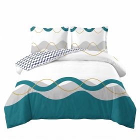 3 Piece Reversible Duvet Cover Set, Heavyweight High-GSM Microfiber Bedding With Zipper & 4 Corner Ties, US Designer Modern Teal Wave & Chevron G (Option: Cal King)