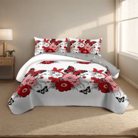 Red Floral Butterfly 4-Piece Duvet Cover Set with Fitted Sheet and 2 Pillowcases, Botanical Bedding Set for Queen, King and California King Beds (Option: King)