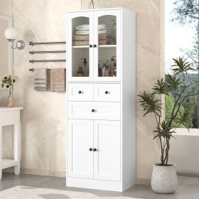 Tall Bathroom Storage Cabinet, Cabinet with Four Doors and Drawers, Adjustable Shelf, MDF Board (Material: MDF, Color: White)