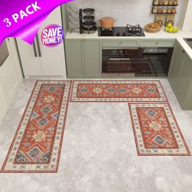 Kitchen Rug Sets 3 Piece with Runner Non Slip Kitchen Rugs and Mats Washable Kitchen Mats for Floor Thick Kitchen Floor Mat Carpet Runner Rugs for Hal (Color: Red)