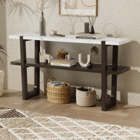 Retro Elegant Console Table with Marble-Effect Top and Versatile Storage Solutions for Entryway and Living Room (Material: Solid Wood+MDF, Color: Espresso)