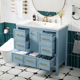 36'' Bathroom Vanity with Resin Sink Combo, Solid Wood Frame Bathroom Storage Cabinet, Freestanding Vanity Set with 5 Drawers& Soft Closing Doors (Material: Solid Wood+MDF+Resin, Color: Blue)
