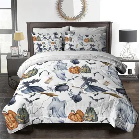 8pcs Halloween Comforter Set, Witch Pattern Bed In A Bag Bedding With Comforter Sheet Sham - 1 Comforter, 2 Pillow Shams, 1 Flat Sheet, 1 Fitted (Option: Twin-White)