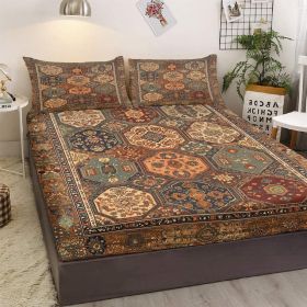 3pcs Retro Bohemian Geometric Style Minimalist Comfort Series Bed Fitted Sheet And Two Pillowcases Bedding For All Seasons Use (Option: King-Brown)