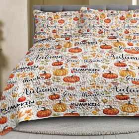 Pumpkin Autumn Leaves Design Quilt Set 3 Pieces Queen King Size All Seasons Bedding Quilt Bed Set With 2 Pillowcases For Kids Teens Adults Bedroo (Option: King-Orange)